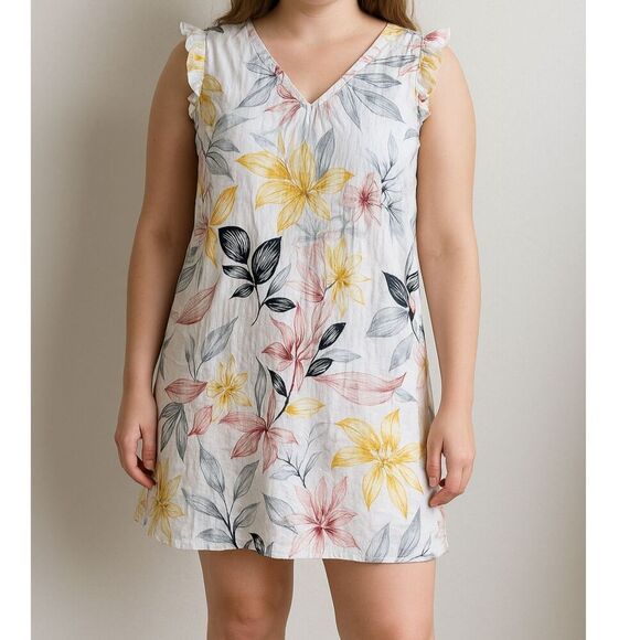 C&C California 100% Linen Summer Dress X-Large Tropical Novelty Print Sleeveless - Picture 1 of 5